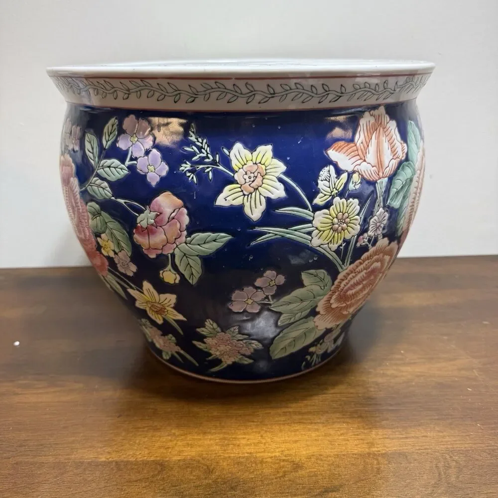Vintage Porcelain Asian Fish Bowl Planter Pot Koi Chinoiserie 12x10 Blue Floral